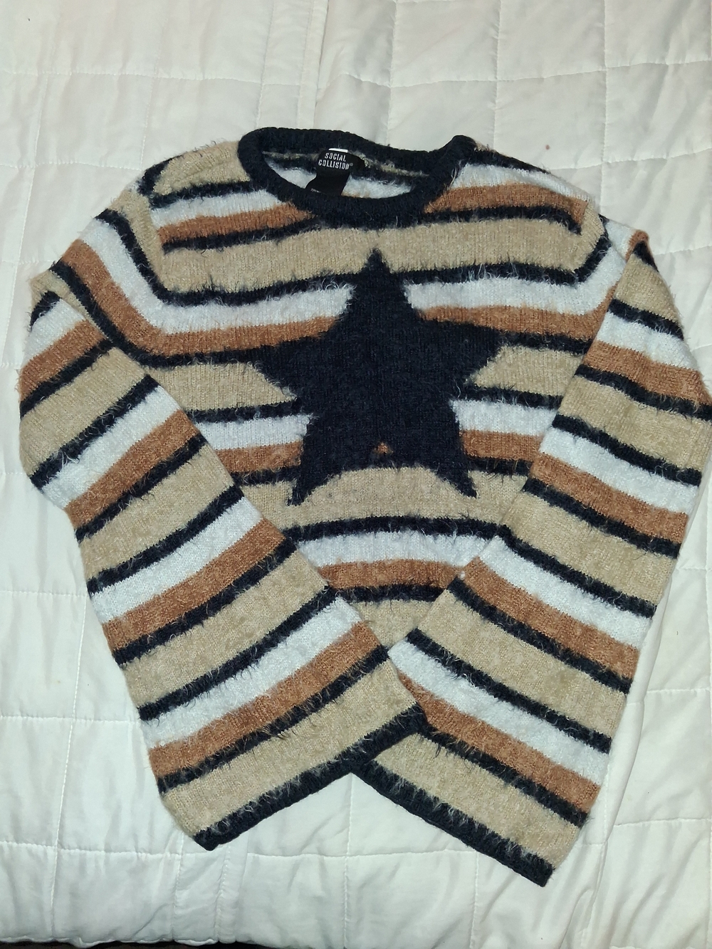 Star Stripe Fuzzy Knit Sweater - Beige Black White